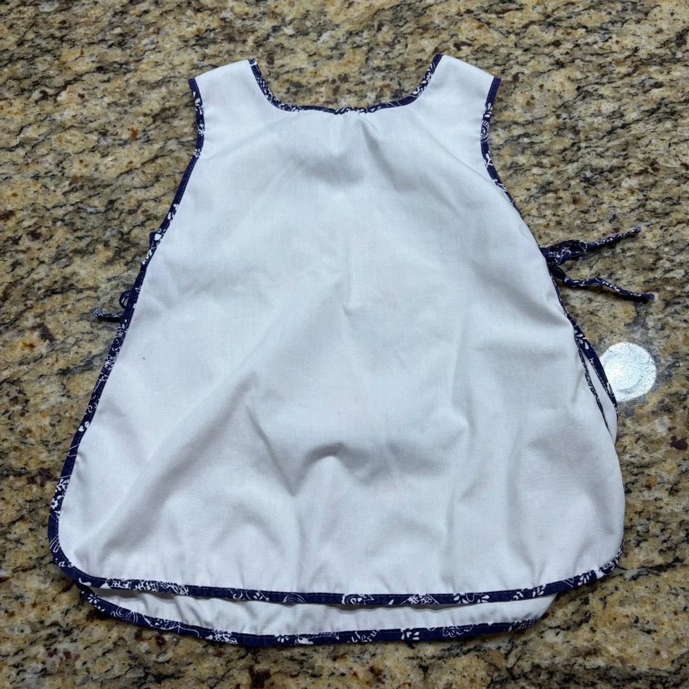 Vintage Raggedy Ann Kids Smock Apron White Navy Blue Side Tie Pinafore Zipper